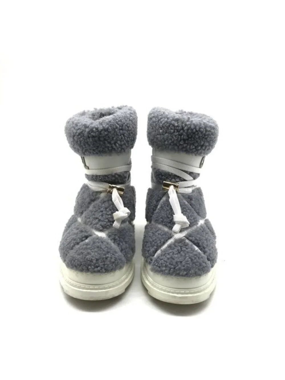 Chanel CC Logo Shearling Snow Boots Quilted Style Gray Shoes